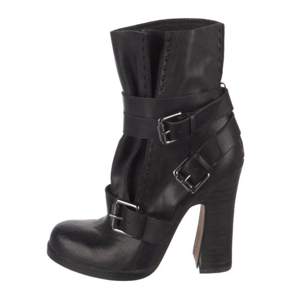 jean michel cazabat boots Genuine Leather Solid Black Moto Heeled Boots Booties